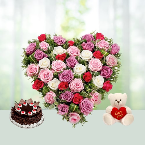 V Day-30 Heart shape Roses Bouquet with Cake N Teddy