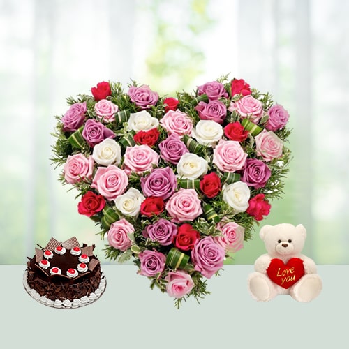 V Day-30 Heart shape Roses Bouquet with Cake N Teddy 