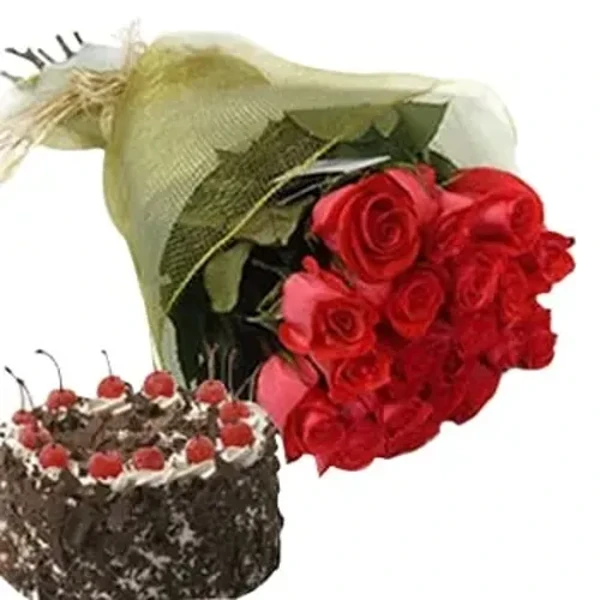 Flowers bouquet of 12 Red Roses with 0.5 Kg Black Forest Cake

