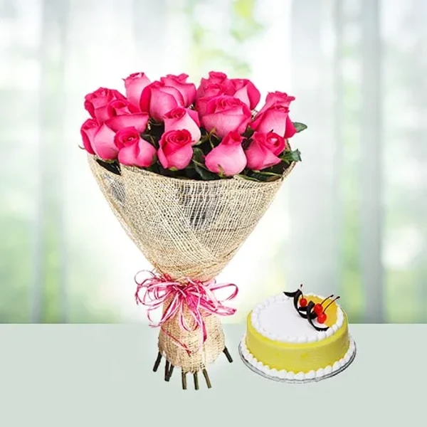 12 Pink Roses N Pineapple Cake