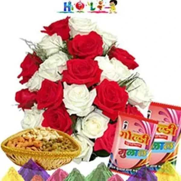 Holi Gift-Red N White Rose with Dryfruits