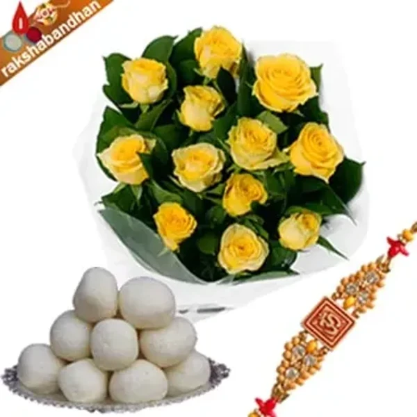 Rakhi With Rasgulla and Yellow Roses Bouquet