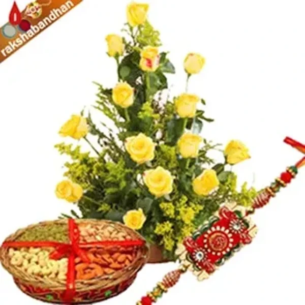 Rakhi With Dry fruits and Roses Basket