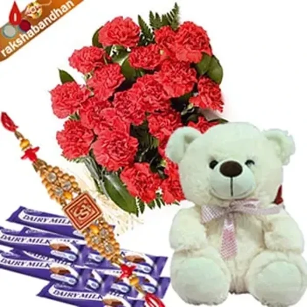 Rakhi With Carnations Chocolates Teddy