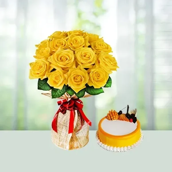 12 Yellow Roses and Cake