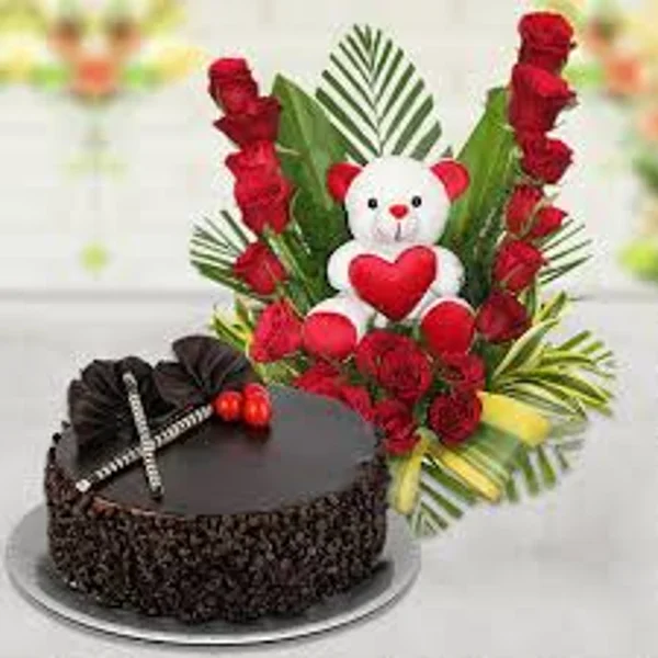 Basket Of Roses And Cake Combo
