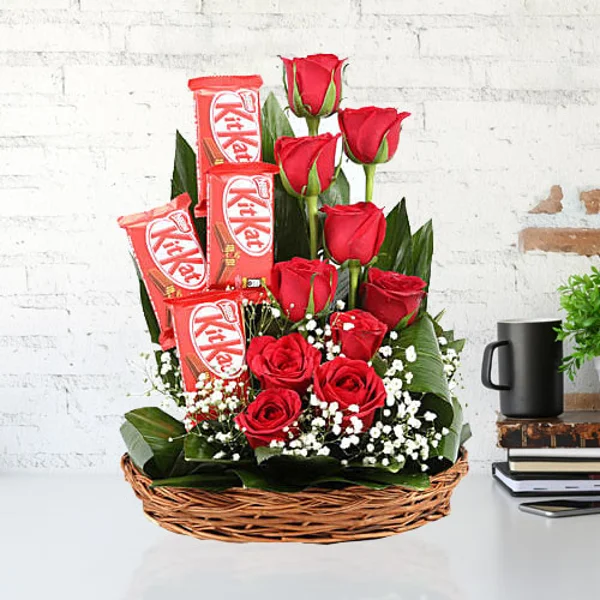 Basket of Red Roses And kitkat Chocolate
