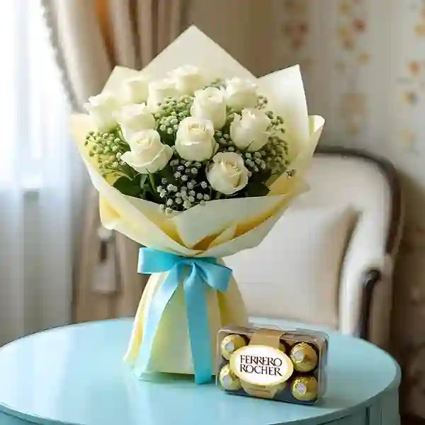 White Roses Bouquet And Ferrero rocher chocolate