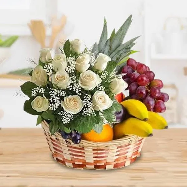 Serene White Roses and Mix Fruits Basket