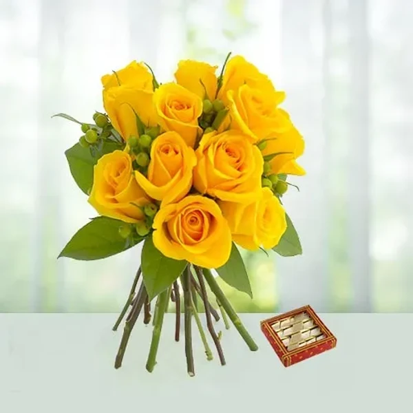 Yellow Roses with Kaju Sweets