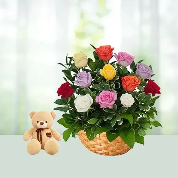 V Day - 12 Mix Roses Bakset N Small Cute Teddy