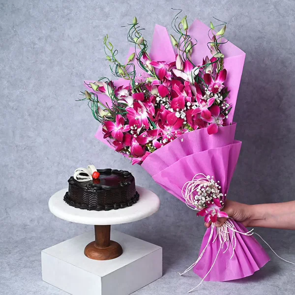 Purple Orchids and Chocolate Cake Combo