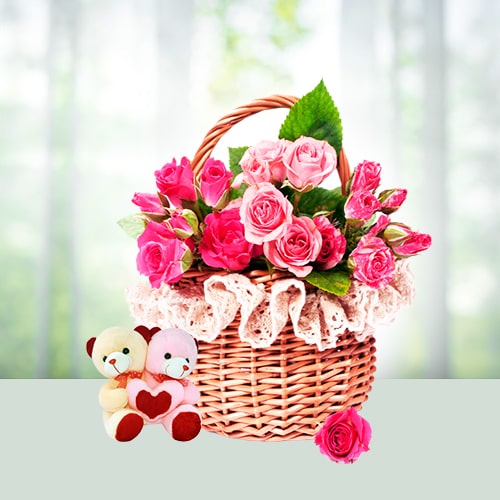 Love Teddy Bear Couple Flower Basket 