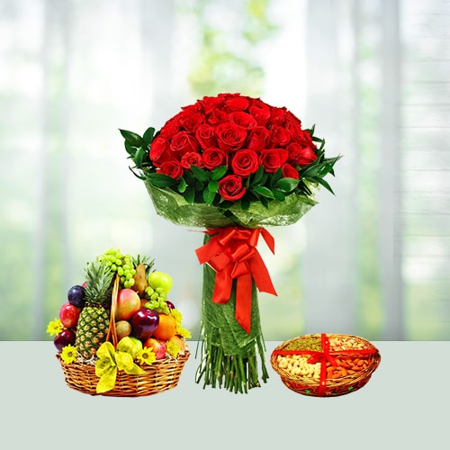 Order Healthy wishes- Flowers with Mixed Fruits Basket Online