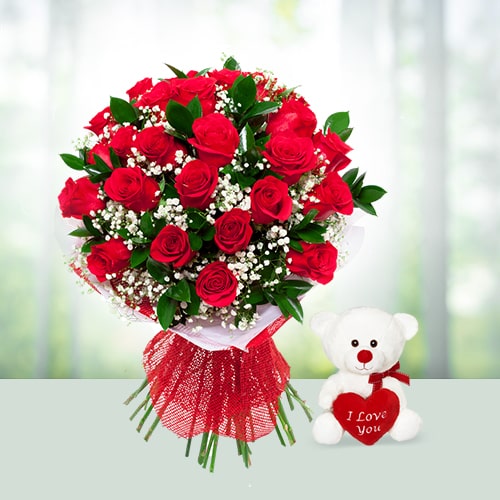 24 Red Roses with 6 inch Teddy Bear 