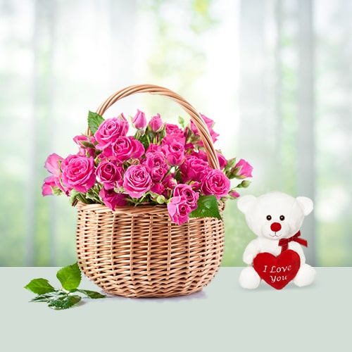 Basket of 12 Pink Roses with teddy 