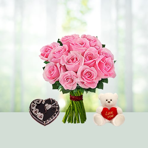 V Day- 25 Pink Roses Bouquet N 2.2 Lb heart chocolate cake N 6 inch Teddy