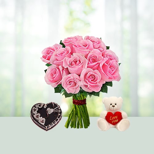 V Day- 25 Pink Roses Bouquet N 2.2 Lb heart chocolate cake N 6 inch Teddy 