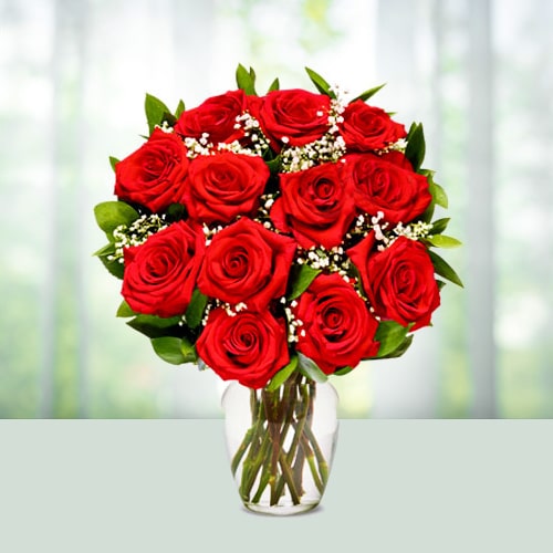 12 Red Roses in vase 