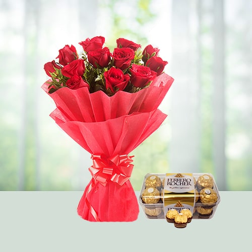 Flowers Bunch of 12 Red Roses N 200gm Ferrero Rocher Chocolate