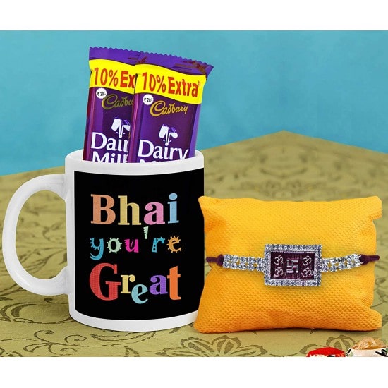 Designer Rakhi with Printed Coffee Mug and Chocolates,roli chawal 