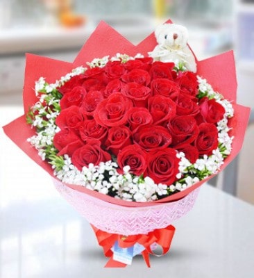 Flowers to UAE- Red Roses Bouquet and Teddy