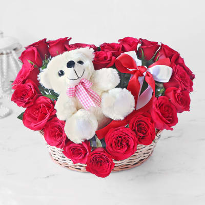 Heart Shape Arrangement of Roses with Teddy