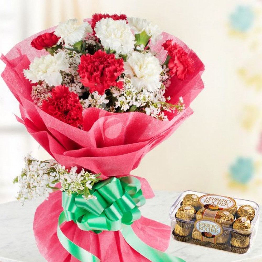 Red N white Carnations with Chocolates 