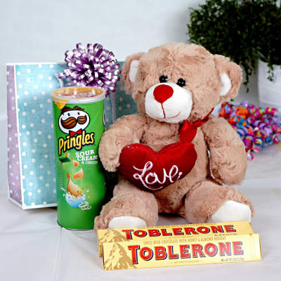 Send Gift-Teddy Bear with Set of Chocolates And Pringles