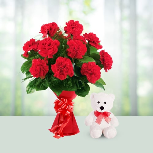 12 Carnations Bouquet N 6 Inch Teddy