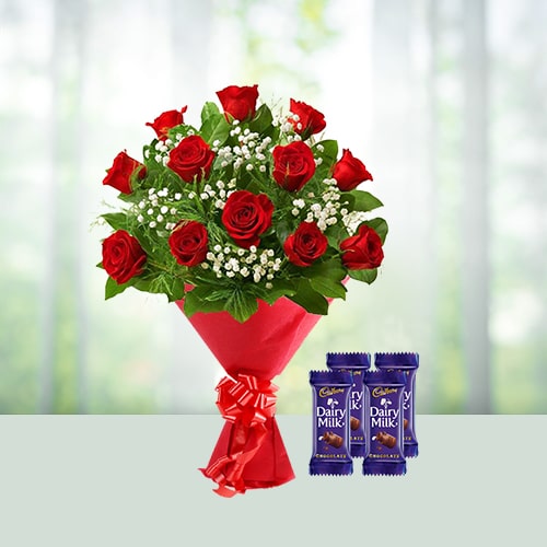 12 Red Roses Bouquet and 4 Dairy Milk Chocolates