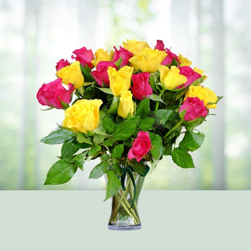 Pink n yellow roses in a vase 