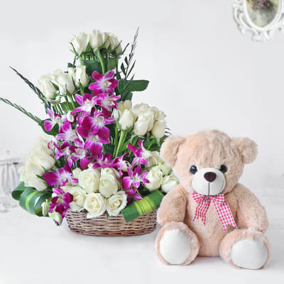 White Roses and Orchids in Cane Basket 