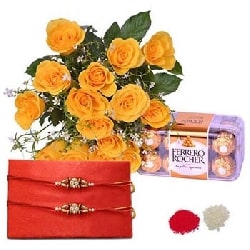 Rakhi with Ferrero Rocher and Yellow Roses