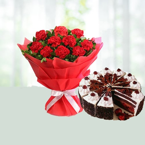 Bunch Of 10 Red Carnations With Half Kg Black Forest Cake