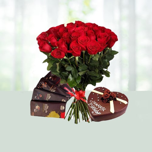 V Day-25 Red Roses Bouquet with Heart Shape Choco Cake N Chocolates 