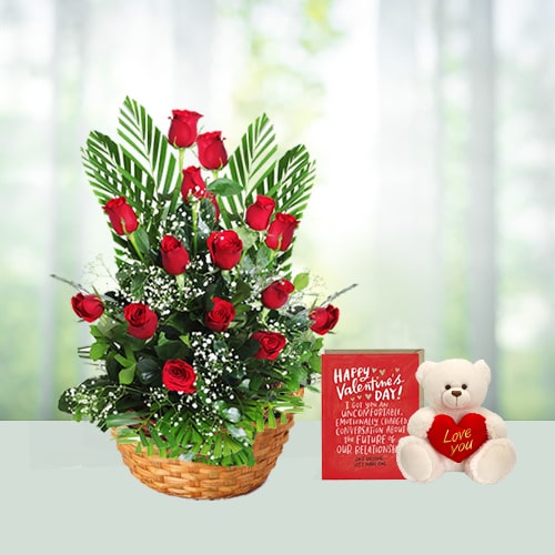 V Day-25 Red Roses Basket N Teddy