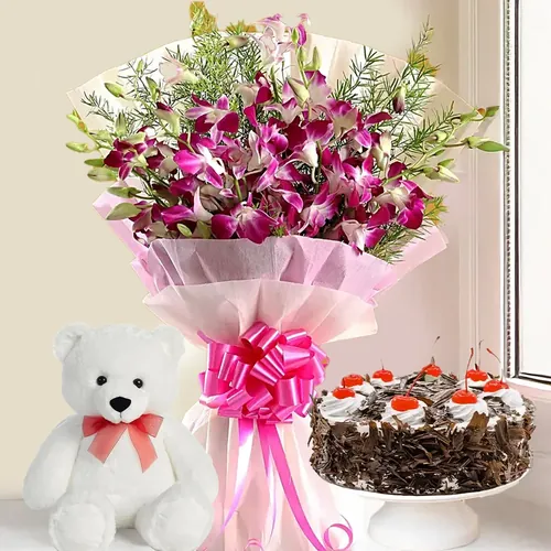 Orchids with cake and Teddy Combo
