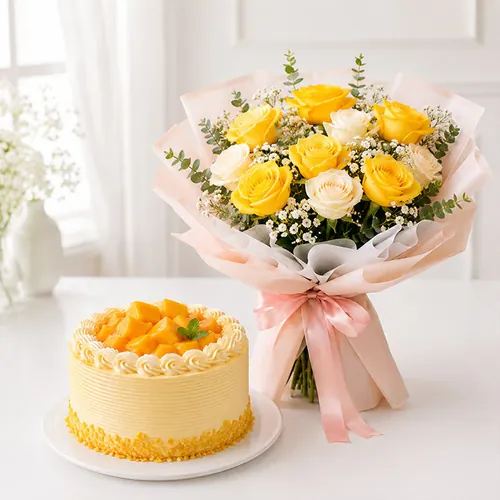 Bunch Of 25 Mix Roses With Pineapple Cake