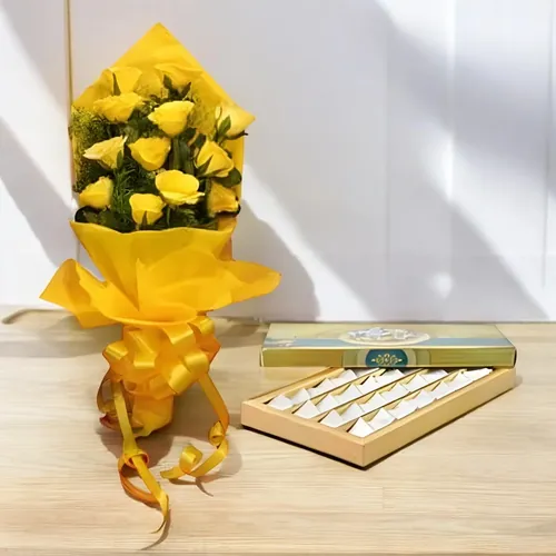 Yellow Roses with Kaju Sweets