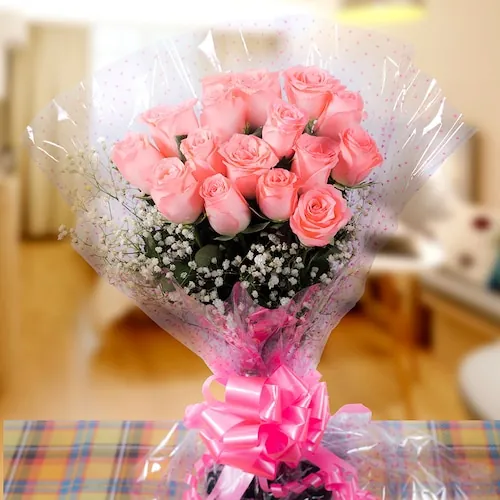 12 Pink Roses Flowers Bouquet