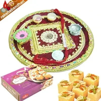 Rakhi with 500gms Soan Papdi in Rakhi Thali