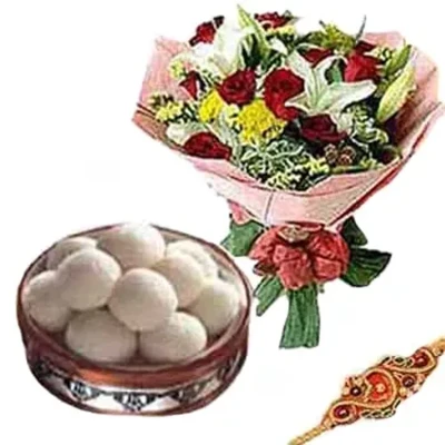 Rakhi with 10 Mix Flowers Bouquet Half Kg Rasgulla