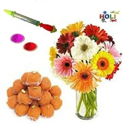 Holi Gifts- 12 Mix carnation in Vase N Sweets