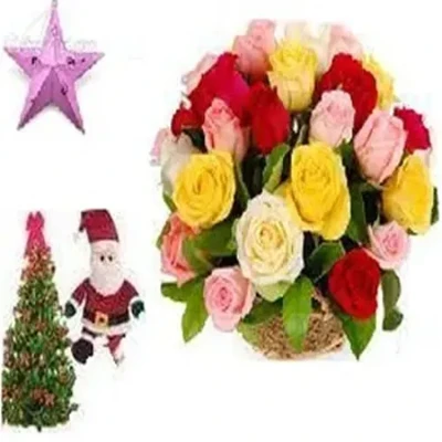 24 Mixed Roses Basket with Free Santa, Christmas Tree, Star