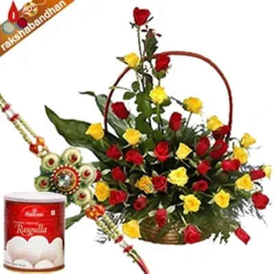 Rakhi With 20 Mix Roses Basket with Rasgulla Sweets
