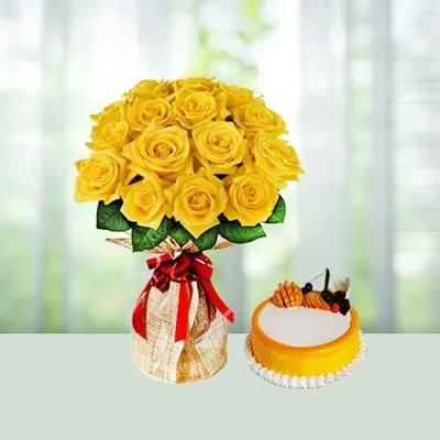 12 Yellow Roses and Cake