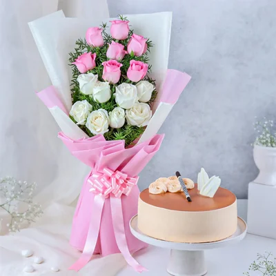 White Pink Roses And chocolate cake