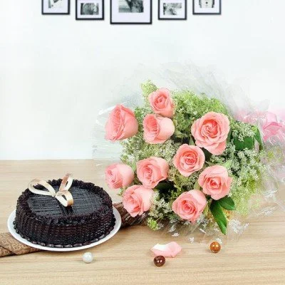Pink Roses and Choco Truffle Cake