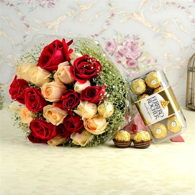 Mix orange and Red Roses and Ferrero Combo